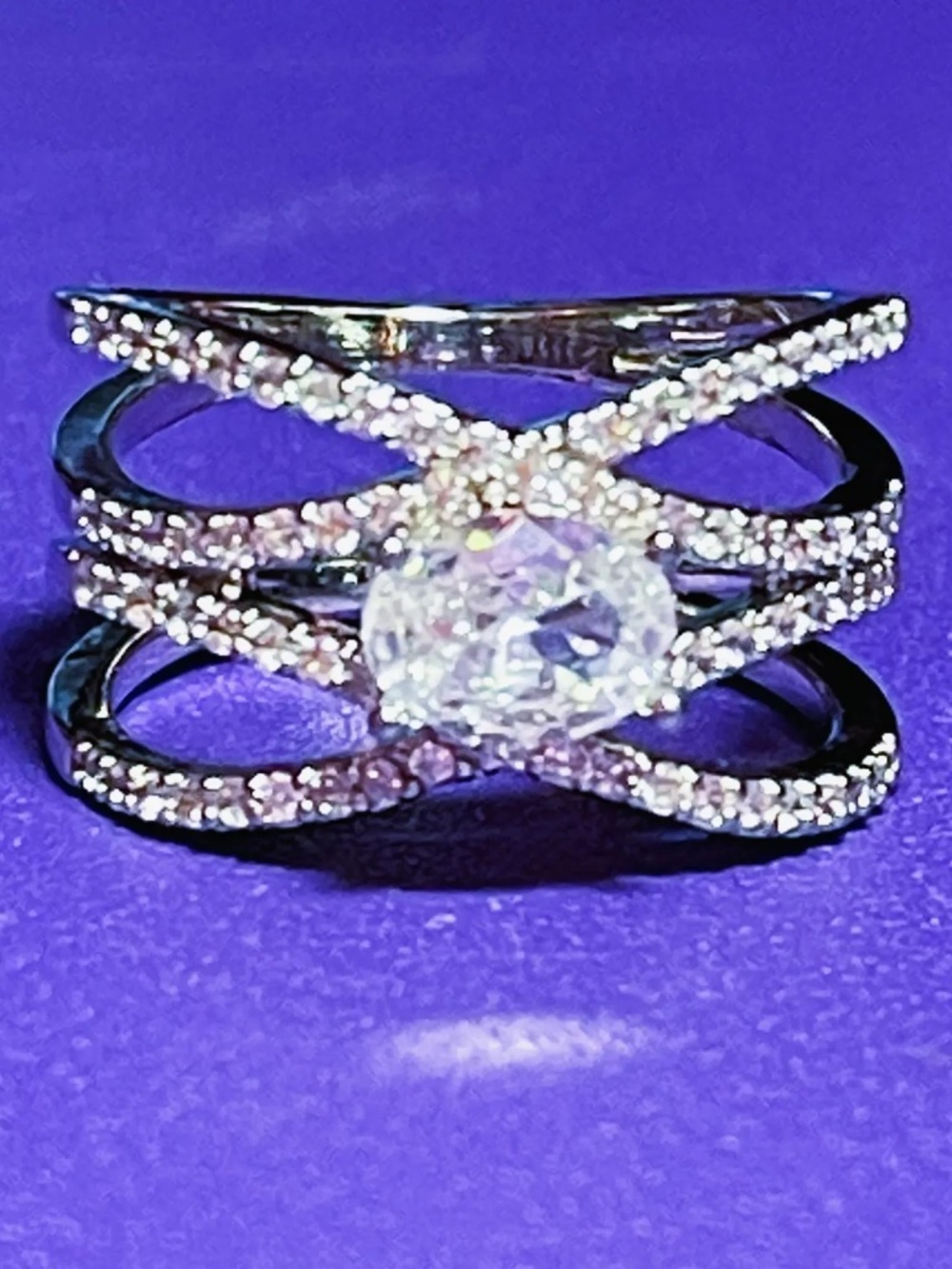 Oval White Sapphire Infinity Ring: Crossover Eternity, 14kt White Gold/Silver